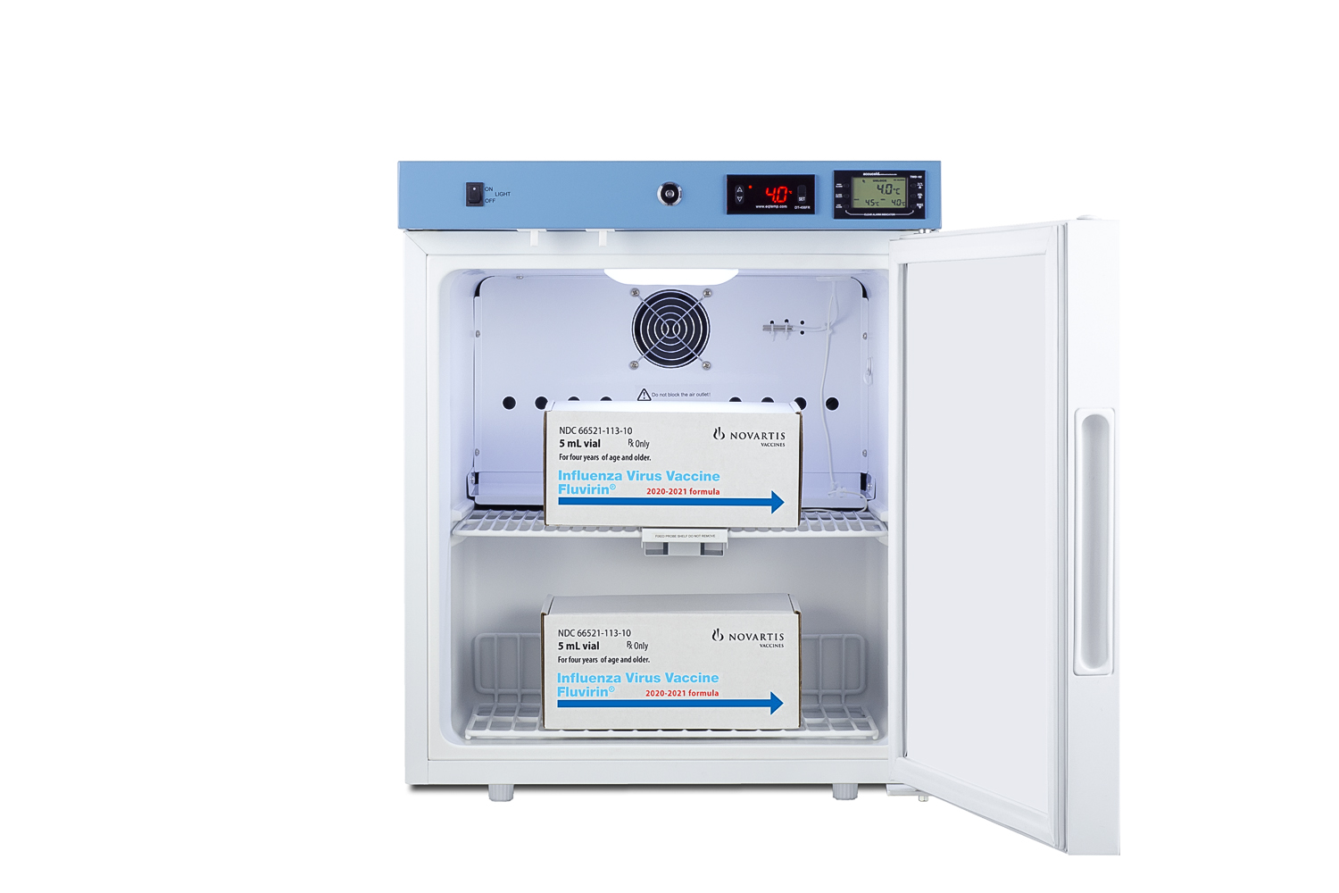 Compact healthcare all-refrigerator with self-closing glass door, front lock, digital controls, and external temperature readout